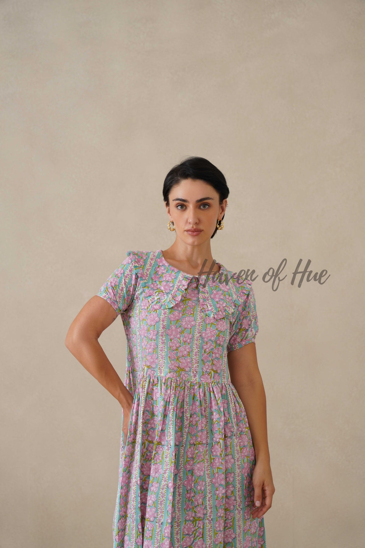Pink Floral Cotton Dress | Vintage Ruffle Collar Midi Dress | Boho Summer Short Sleeve Relaxed Fit Smock Dress