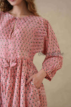 Pink Floral Cotton Midi Dress with Long Sleeves