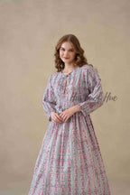 Pink Floral Cotton Midi Dress with Long Sleeves