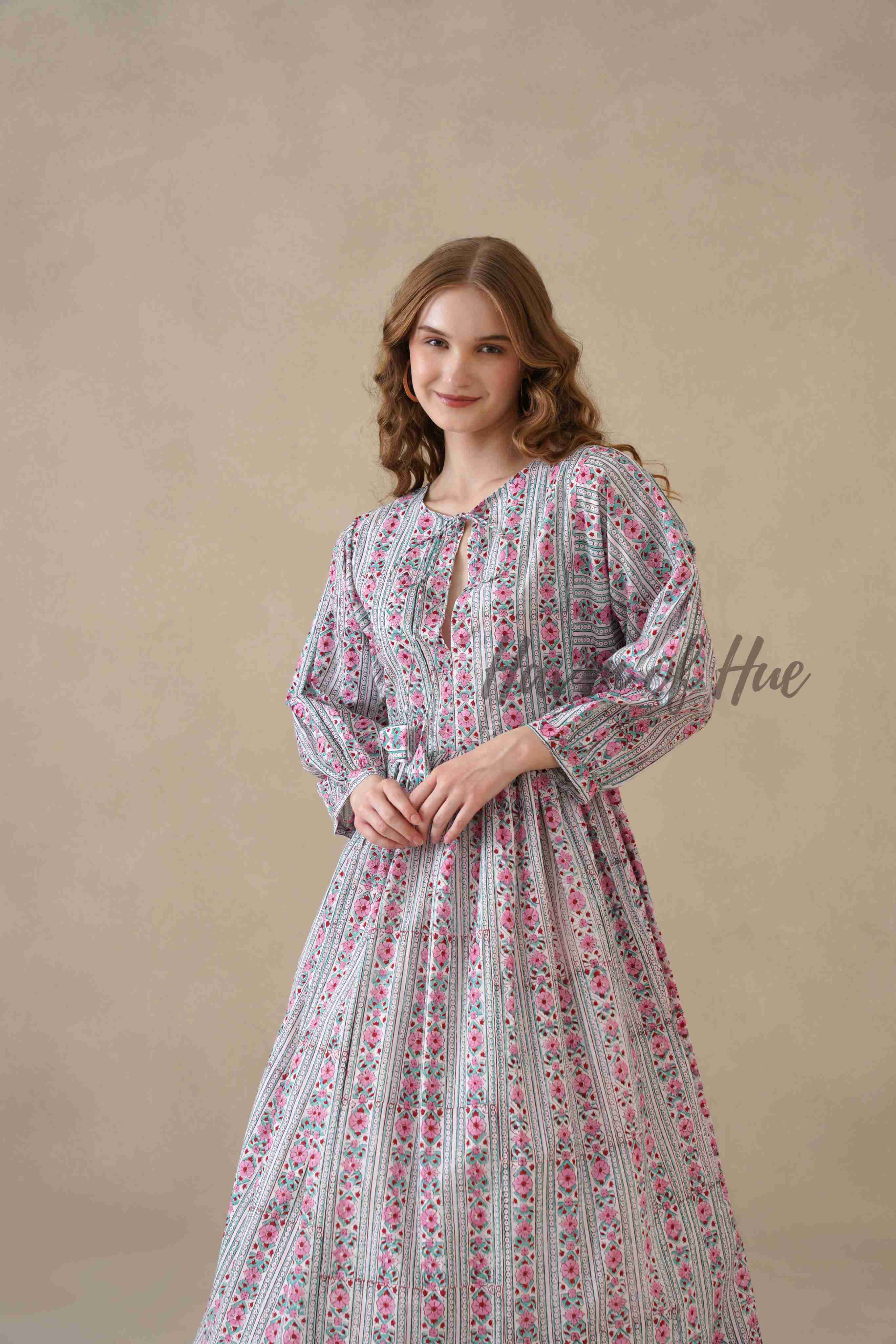 Pink Floral Cotton Midi Dress with Long Sleeves