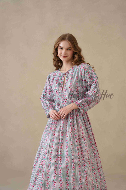 Pink Floral Cotton Midi Dress with Long Sleeves