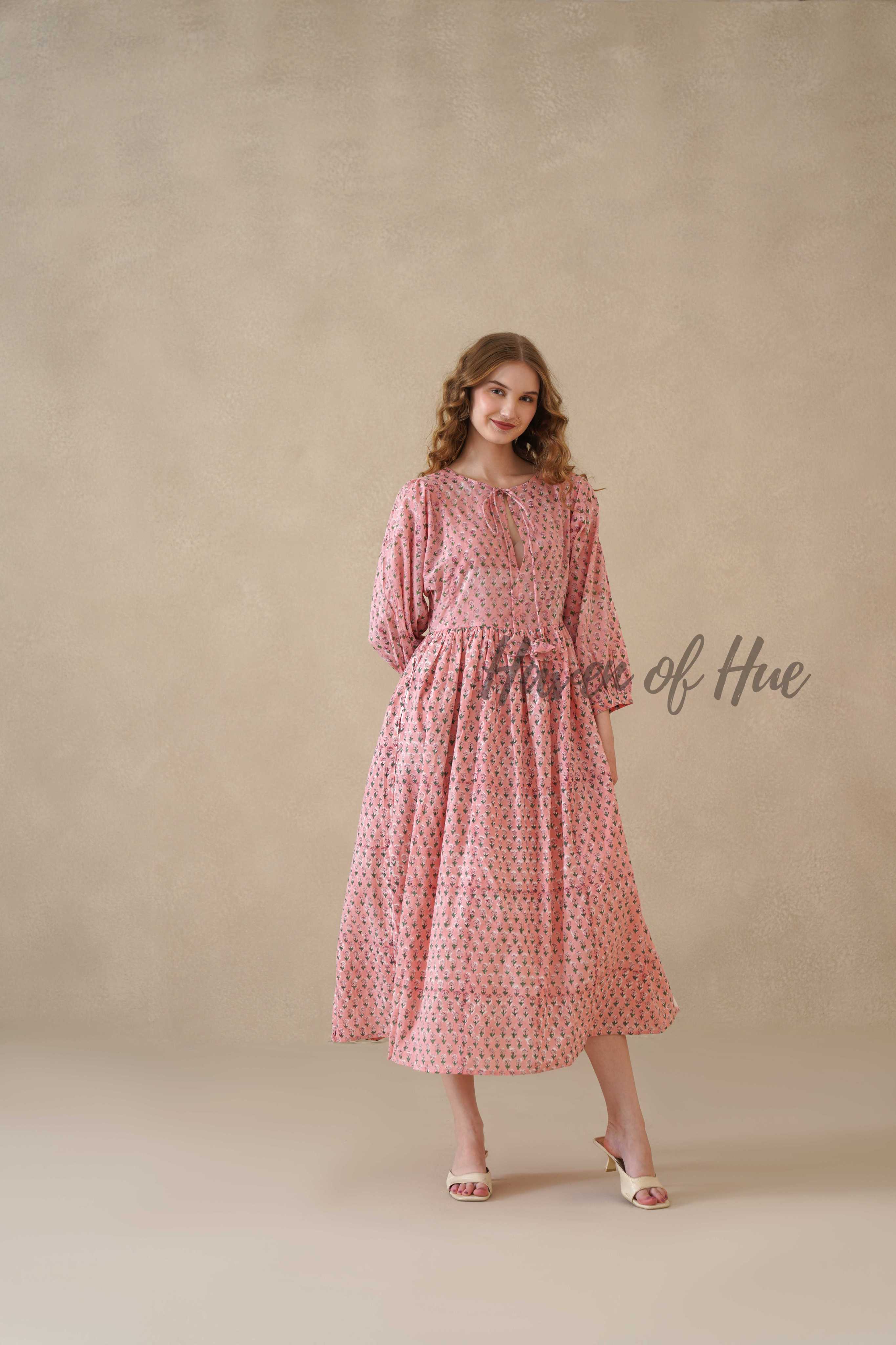 Pink Floral Cotton Midi Dress with Long Sleeves