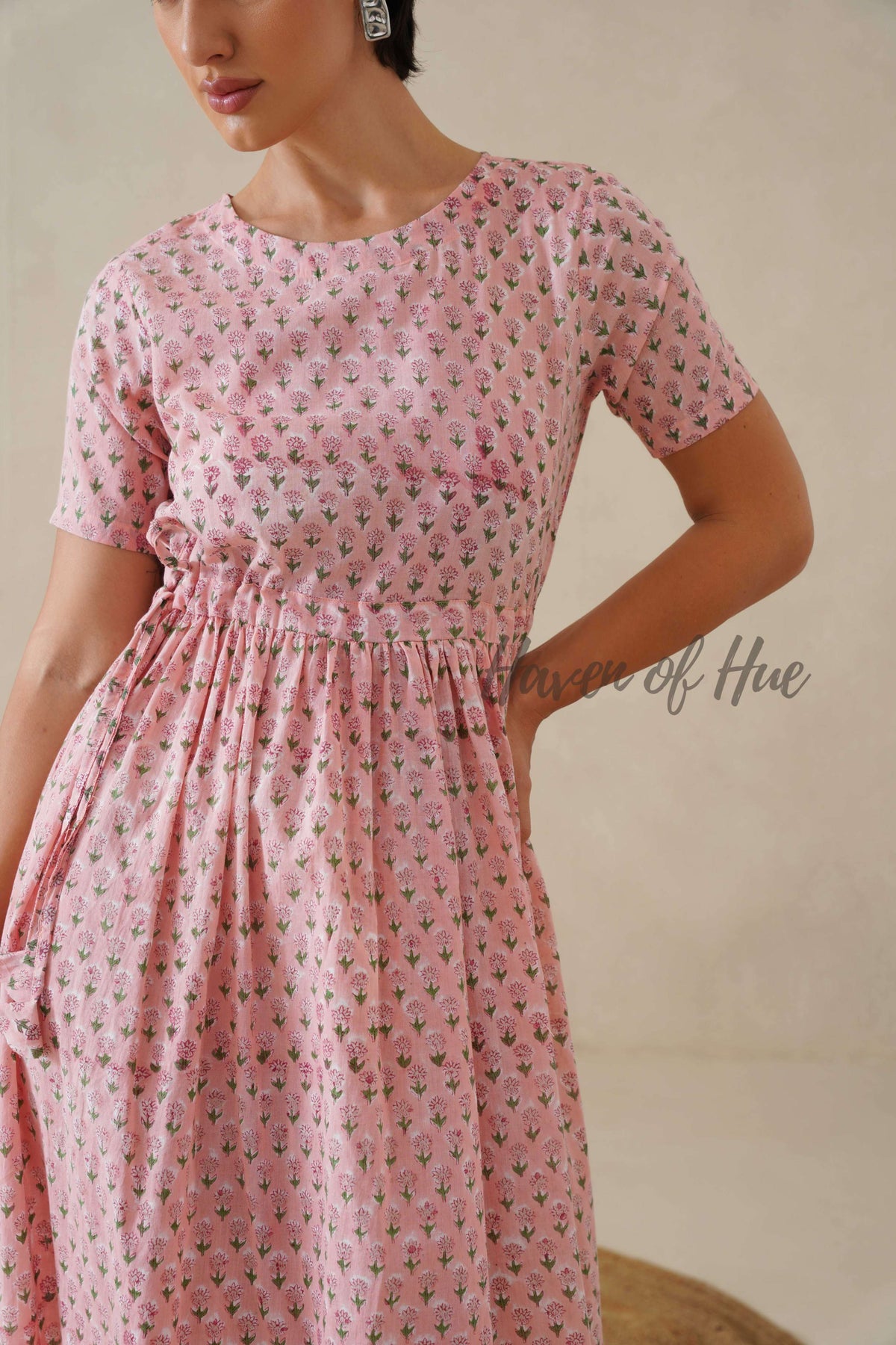 Blush Pink Floral Cotton Midi Dress - Boho Cottagecore Summer Dress