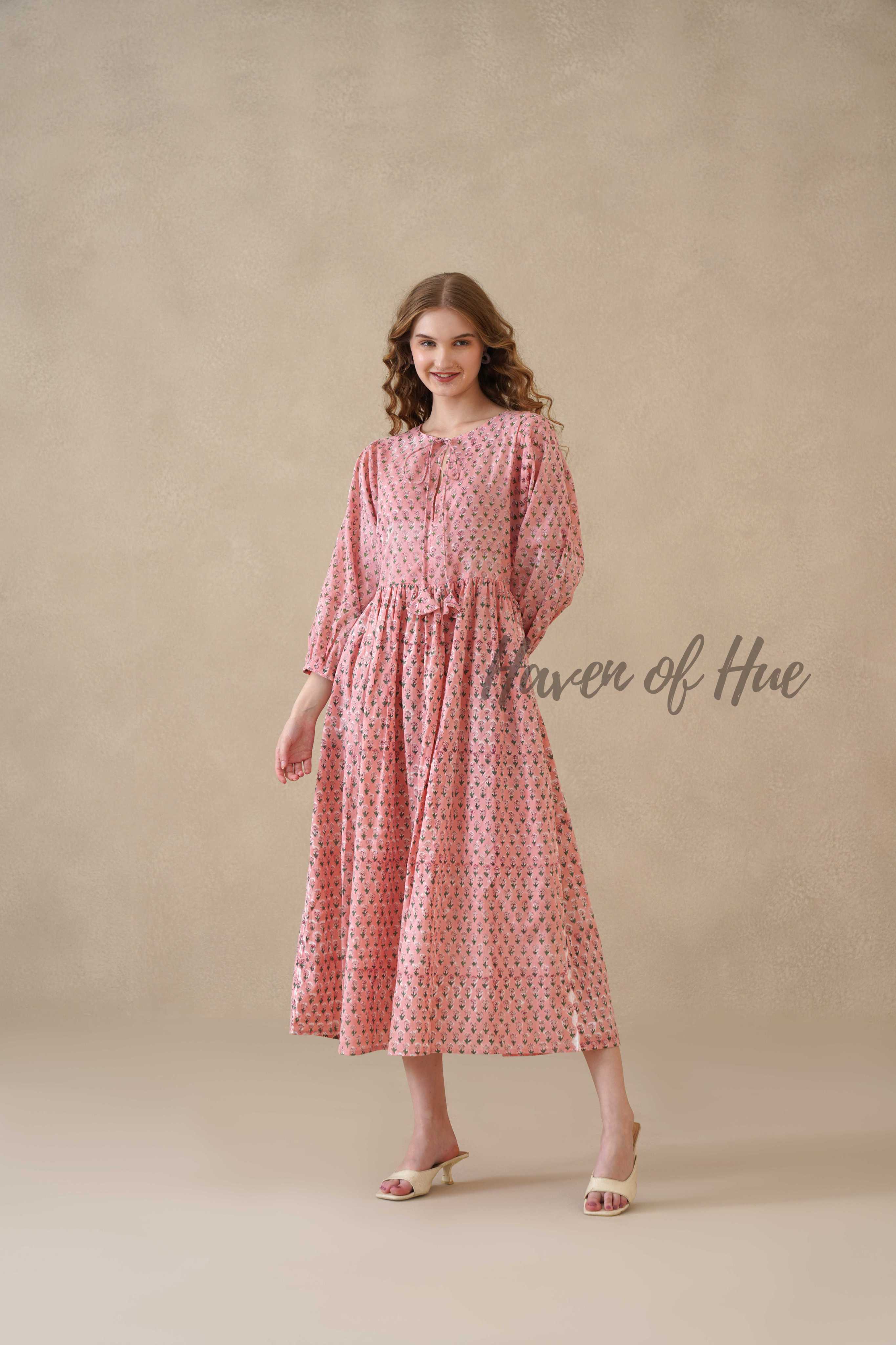 Pink Floral Cotton Midi Dress with Long Sleeves