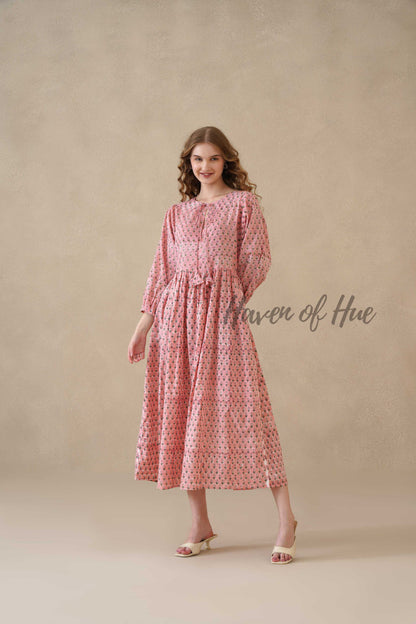 Pink Floral Cotton Midi Dress with Long Sleeves