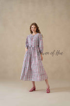 Pink Floral Cotton Midi Dress with Long Sleeves