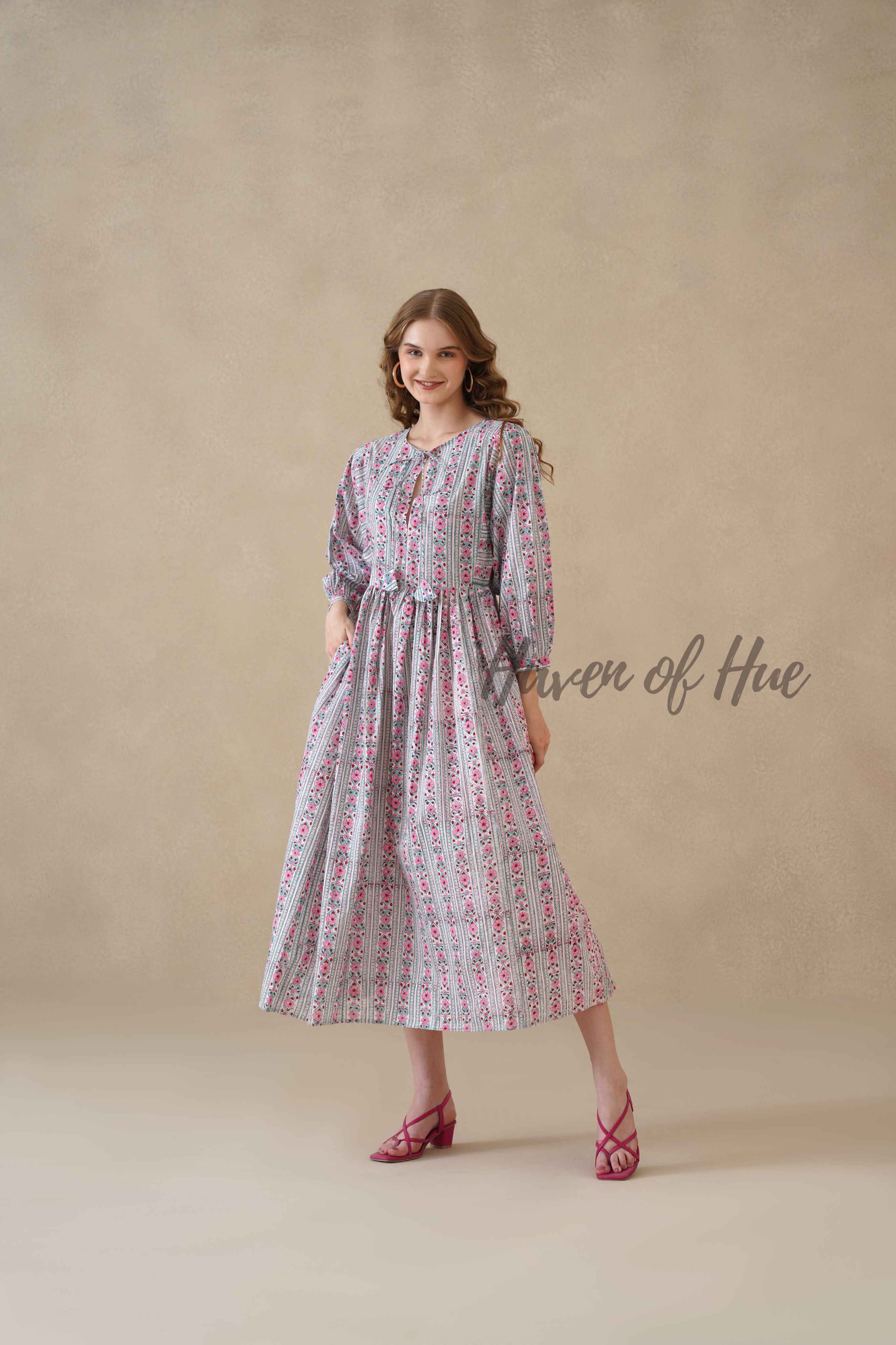 Pink Floral Cotton Midi Dress with Long Sleeves