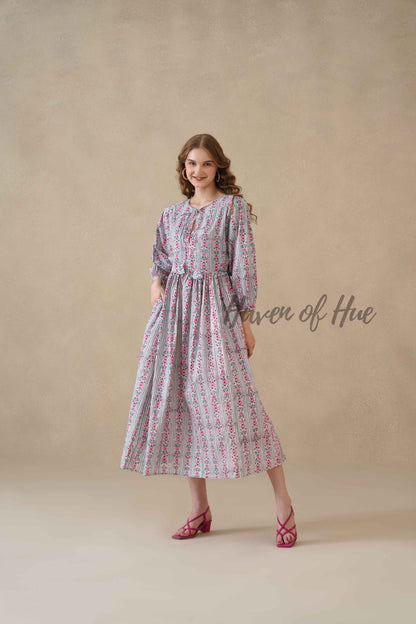 Pink Floral Cotton Midi Dress with Long Sleeves