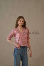 Women’s Pastel Pink Floral Cotton Wrap Blouse | Hand Block Printed Tie-Waist Top