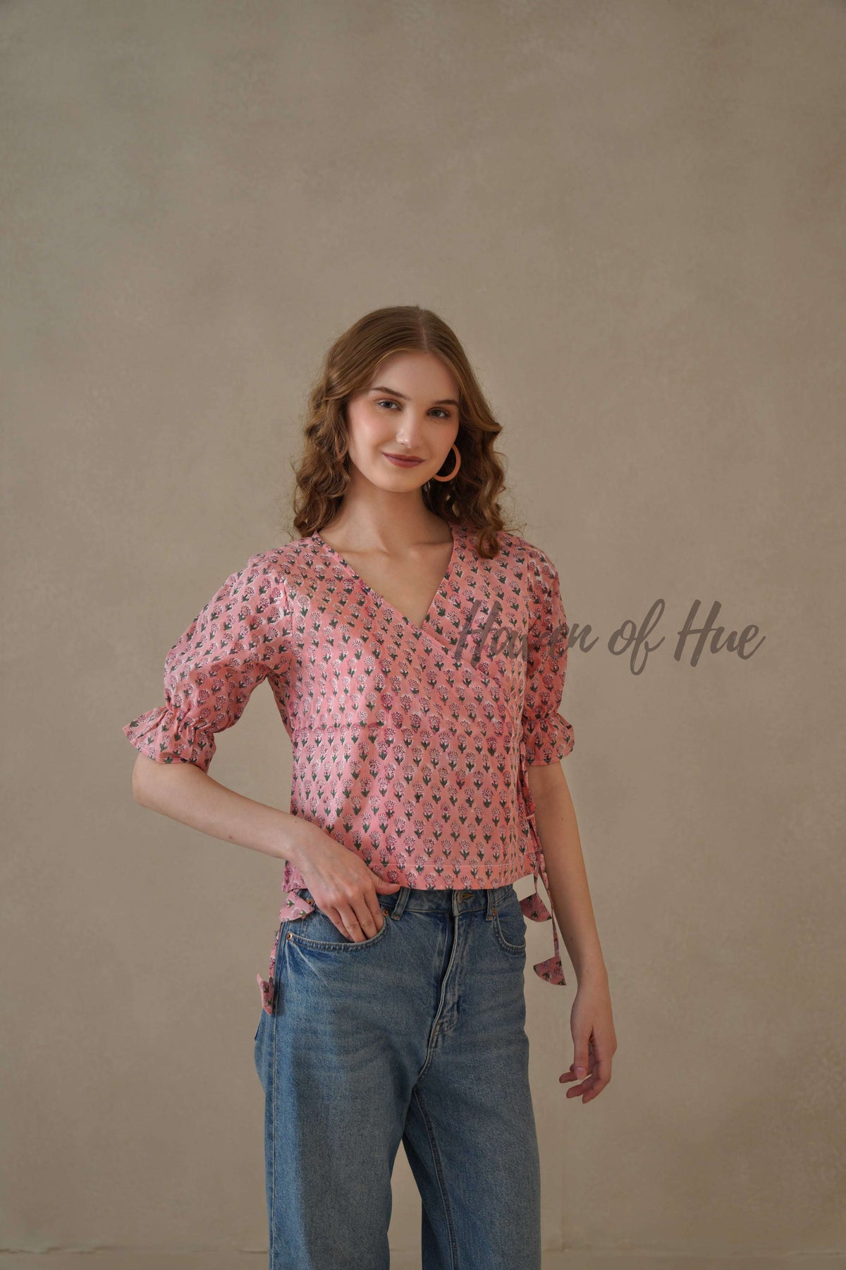 Women’s Pastel Pink Floral Cotton Wrap Blouse | Hand Block Printed Tie-Waist Top
