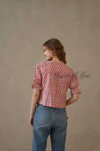 Women’s Pastel Pink Floral Cotton Wrap Blouse | Hand Block Printed Tie-Waist Top