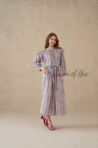 Pink Floral Cotton Midi Dress with Long Sleeves