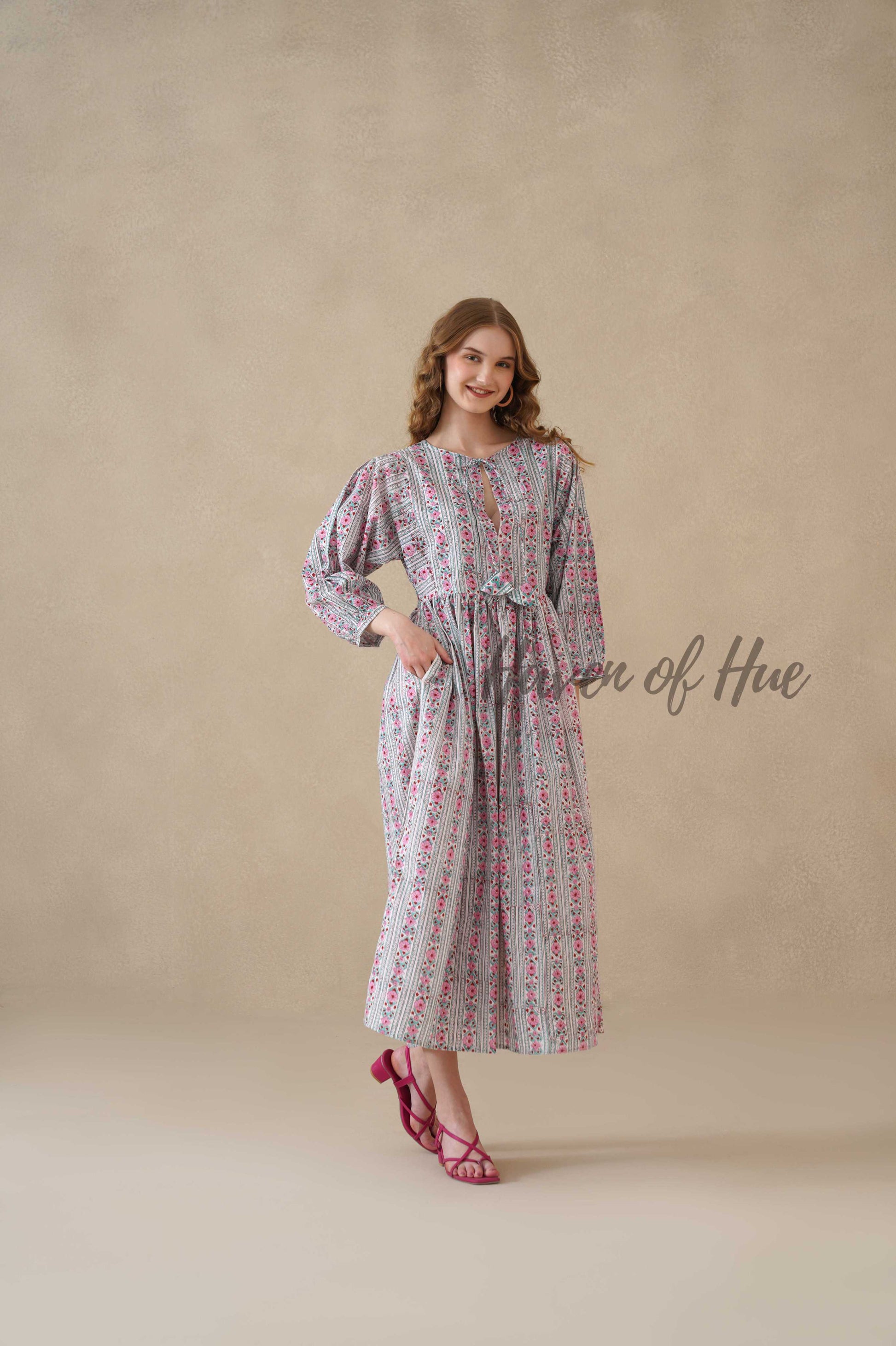 Pink Floral Cotton Midi Dress with Long Sleeves