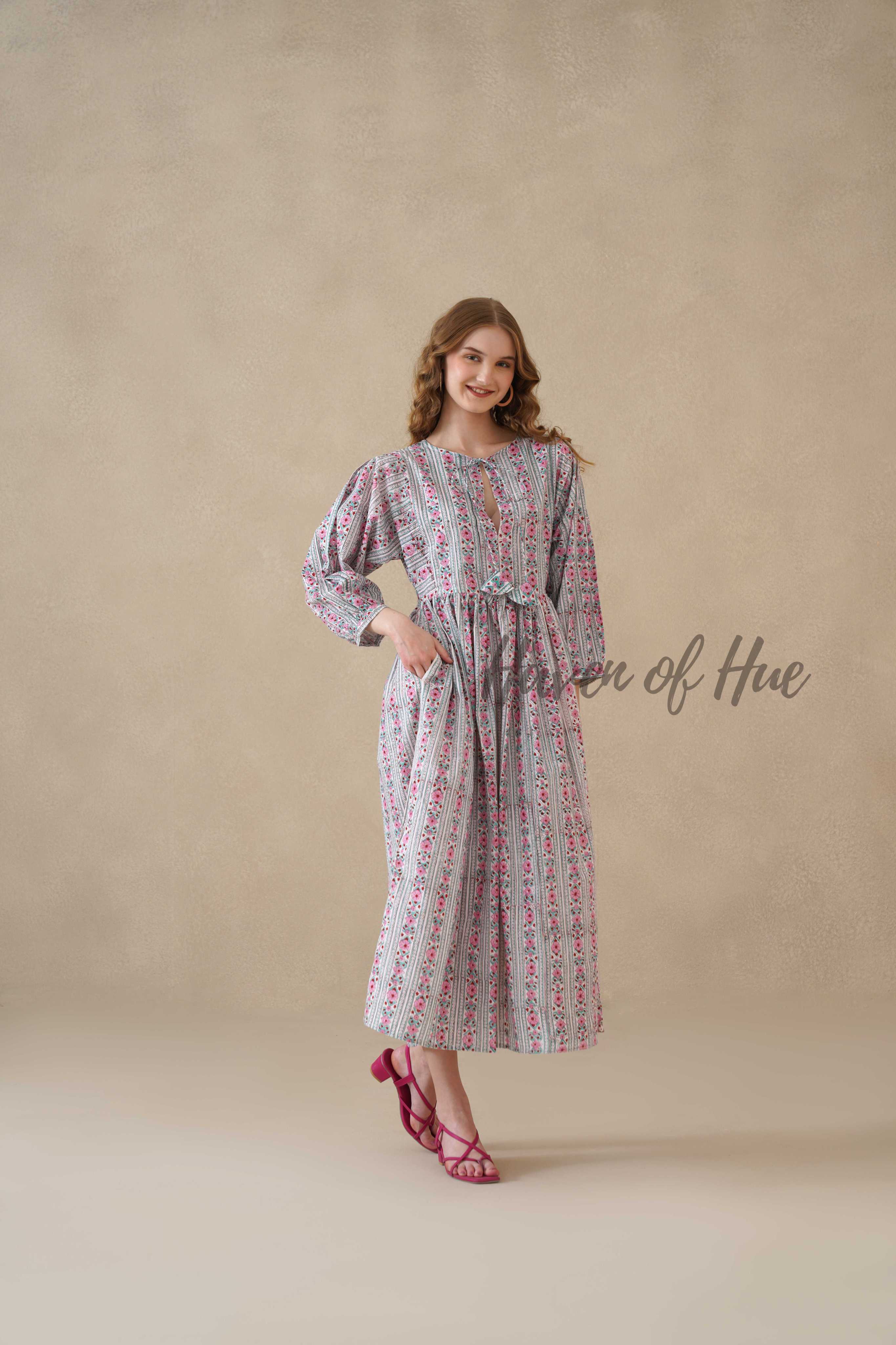 Pink Floral Cotton Midi Dress with Long Sleeves