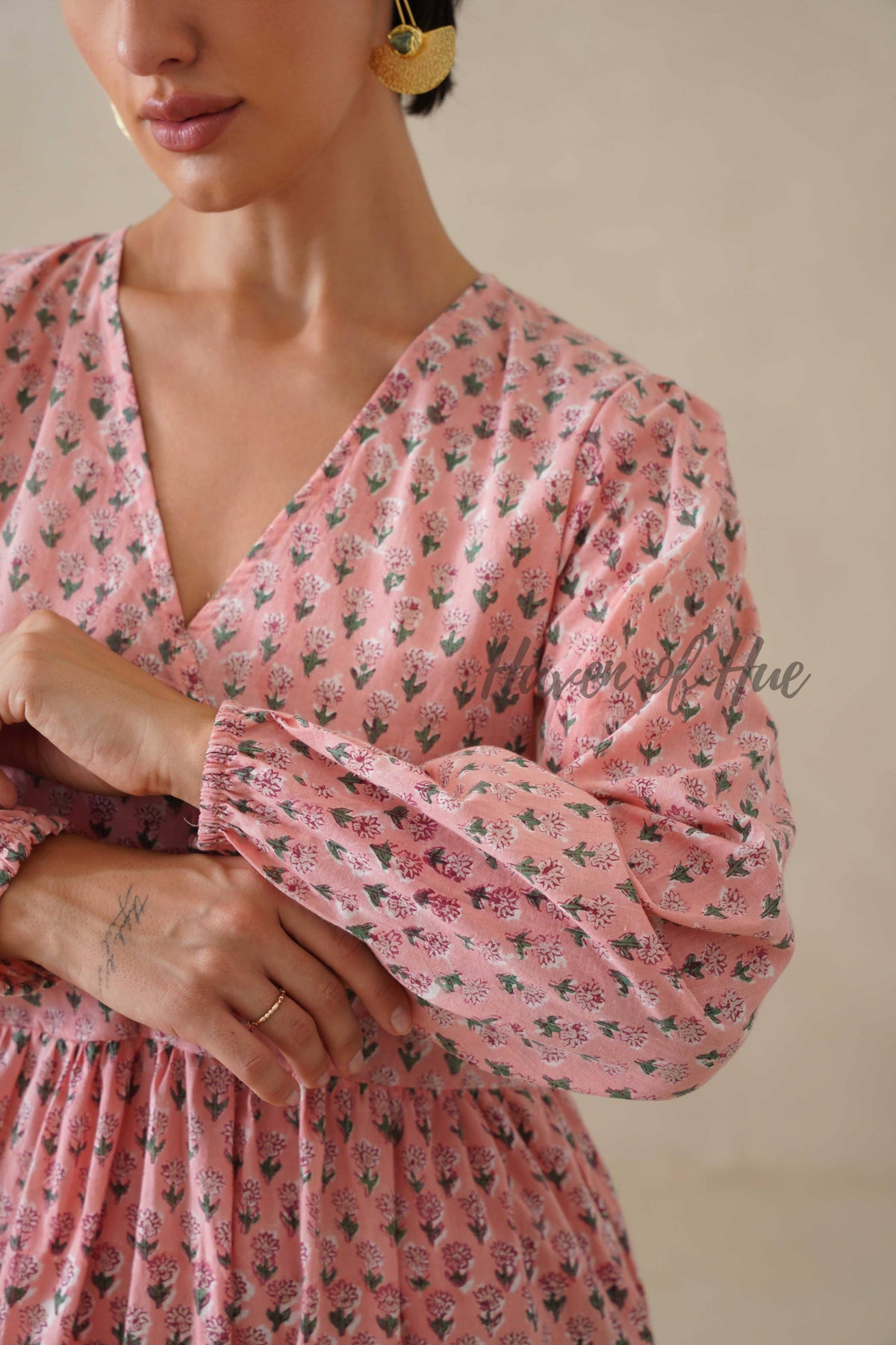 Cotton Midi Dress Summer Boho Floral Print, Blush Pink Long Sleeve Tiered Dress