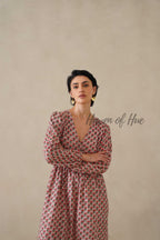 Cotton Midi Dress Summer Boho Floral Print, Dusty Rose Long Sleeve Tiered Dress
