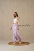Women's Pink and White Striped Cotton Boho Tiered Maxi Skirt for Summer