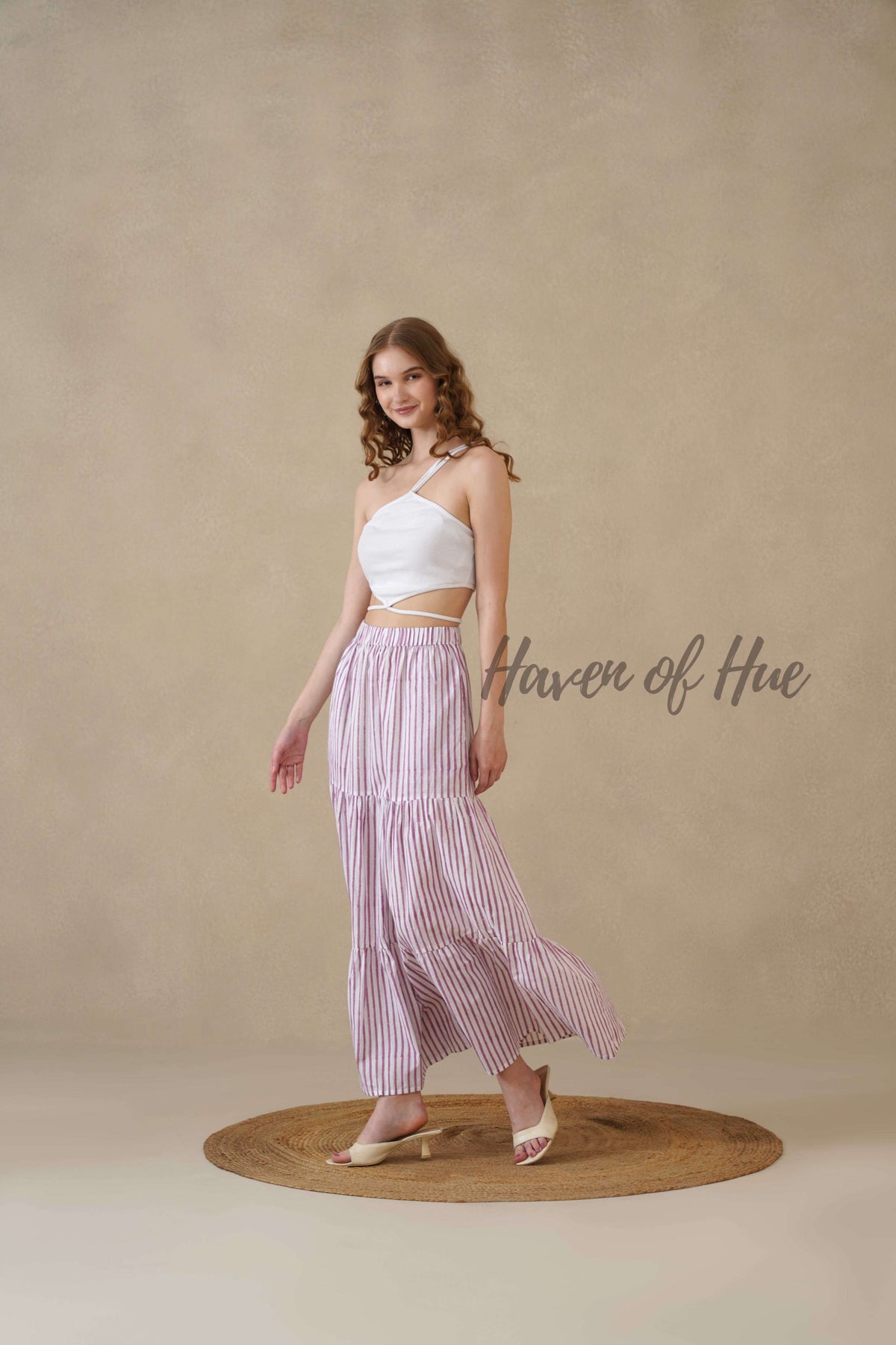 Women's Pink and White Striped Cotton Boho Tiered Maxi Skirt for Summer