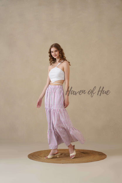 Women's Pink and White Striped Cotton Boho Tiered Maxi Skirt for Summer