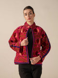 Women's Pink Suzani Velvet Jacket Maroon Floral Embroidered Boho Coat
