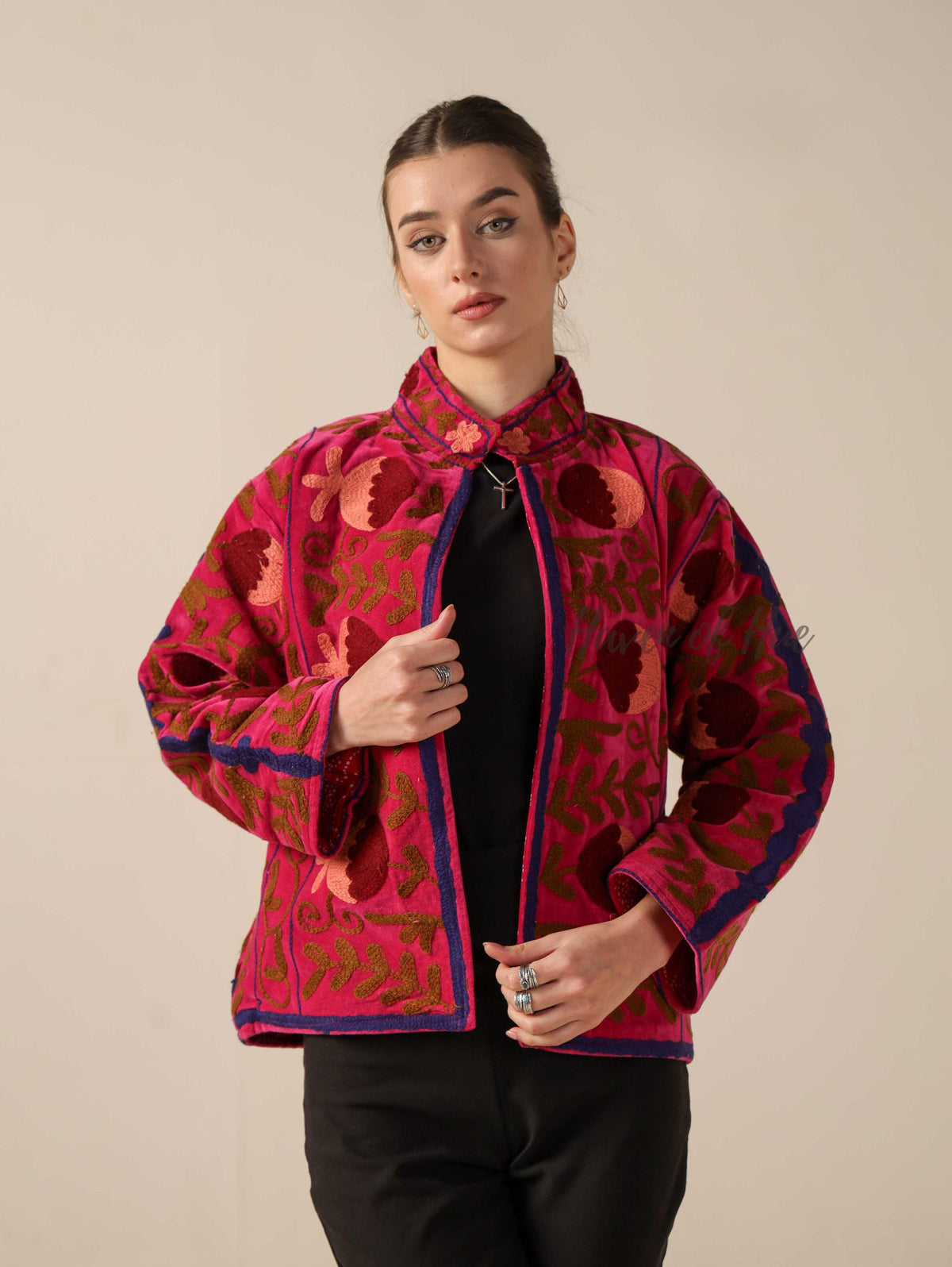 Women's Pink Suzani Velvet Jacket Maroon Floral Embroidered Boho Coat