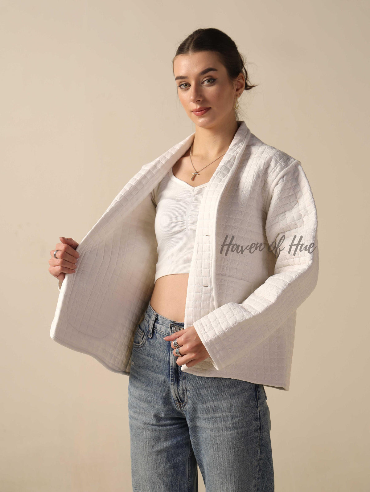 Women's Lightweight White Cotton Embroidered Casual Open Front Jacket