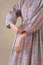 Multicolor Floral Cotton Midi Dress with Long Sleeves