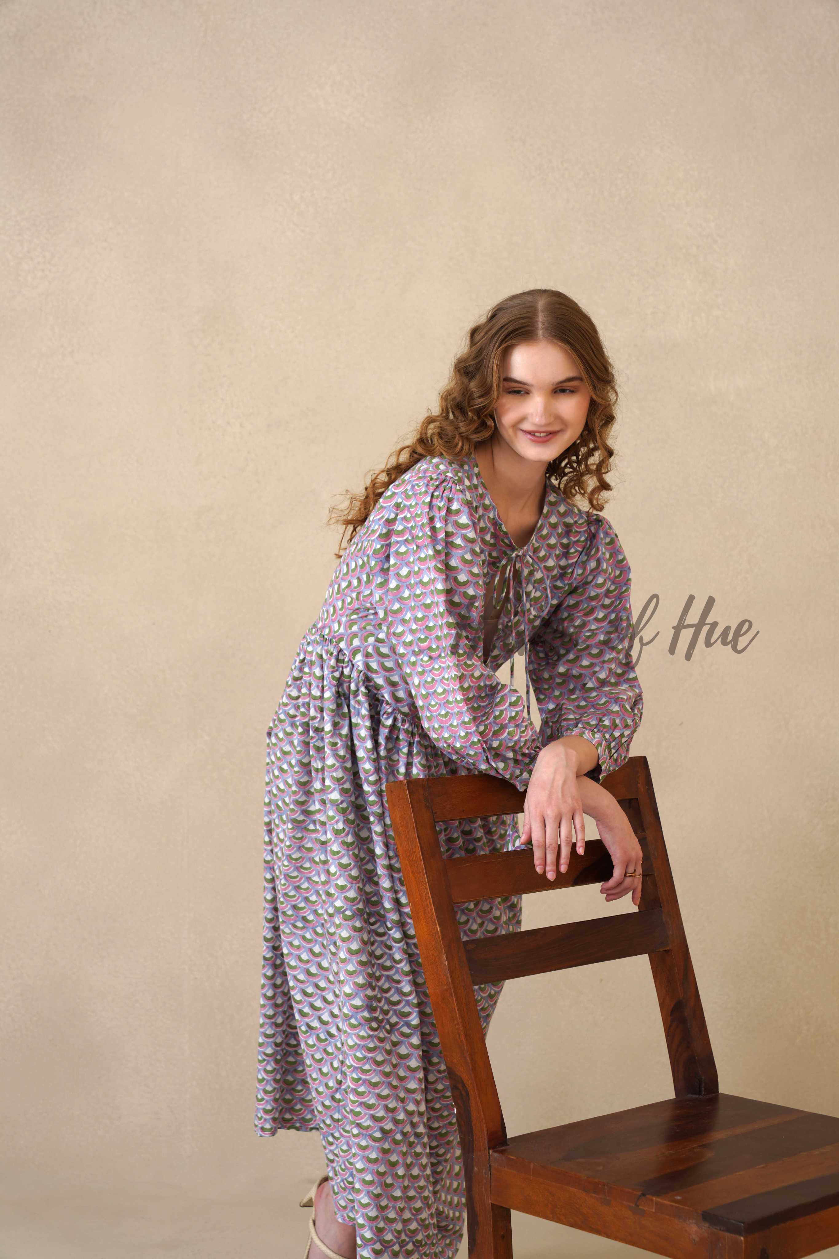 Purple Full Sleeve Cotton Dress with Scallop Print