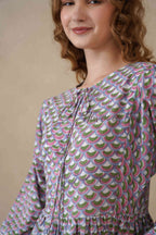 Purple Full Sleeve Cotton Dress with Scallop Print