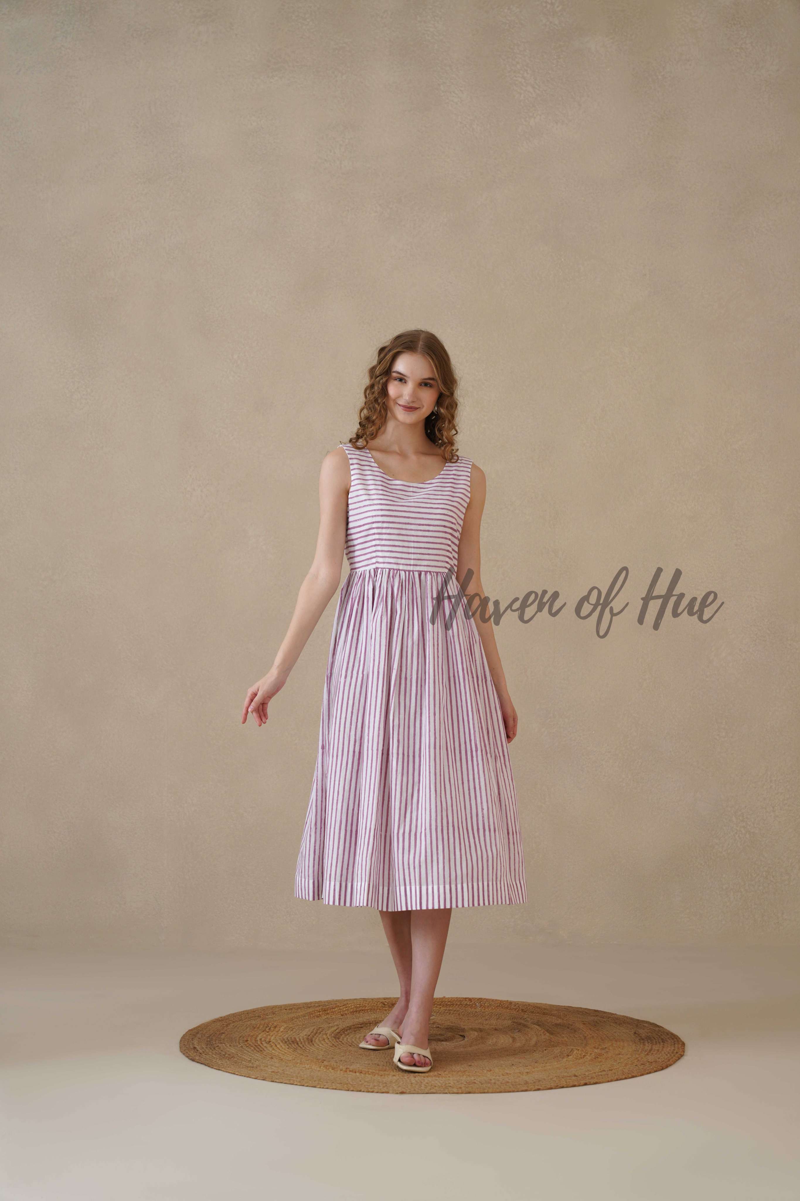 Purple Sleeveless Cotton Dress with Nautical Stripe Print