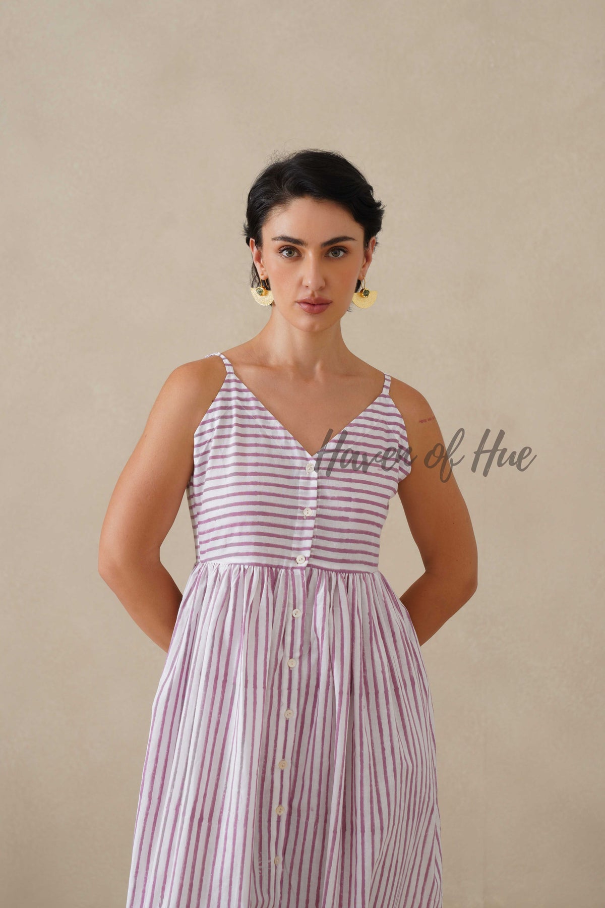 Purple Striped Cotton Dress | Sleeveless Button Down Midi Dress