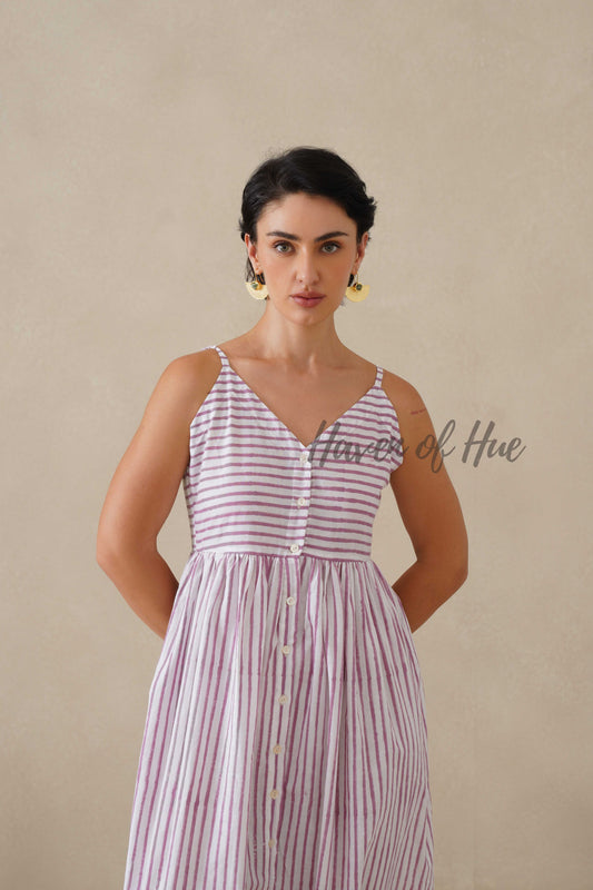Purple Striped Cotton Dress | Sleeveless Button Down Midi Dress