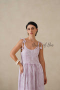 Purple Striped Cotton Dress | Tie Shoulder Summer Midi Dress