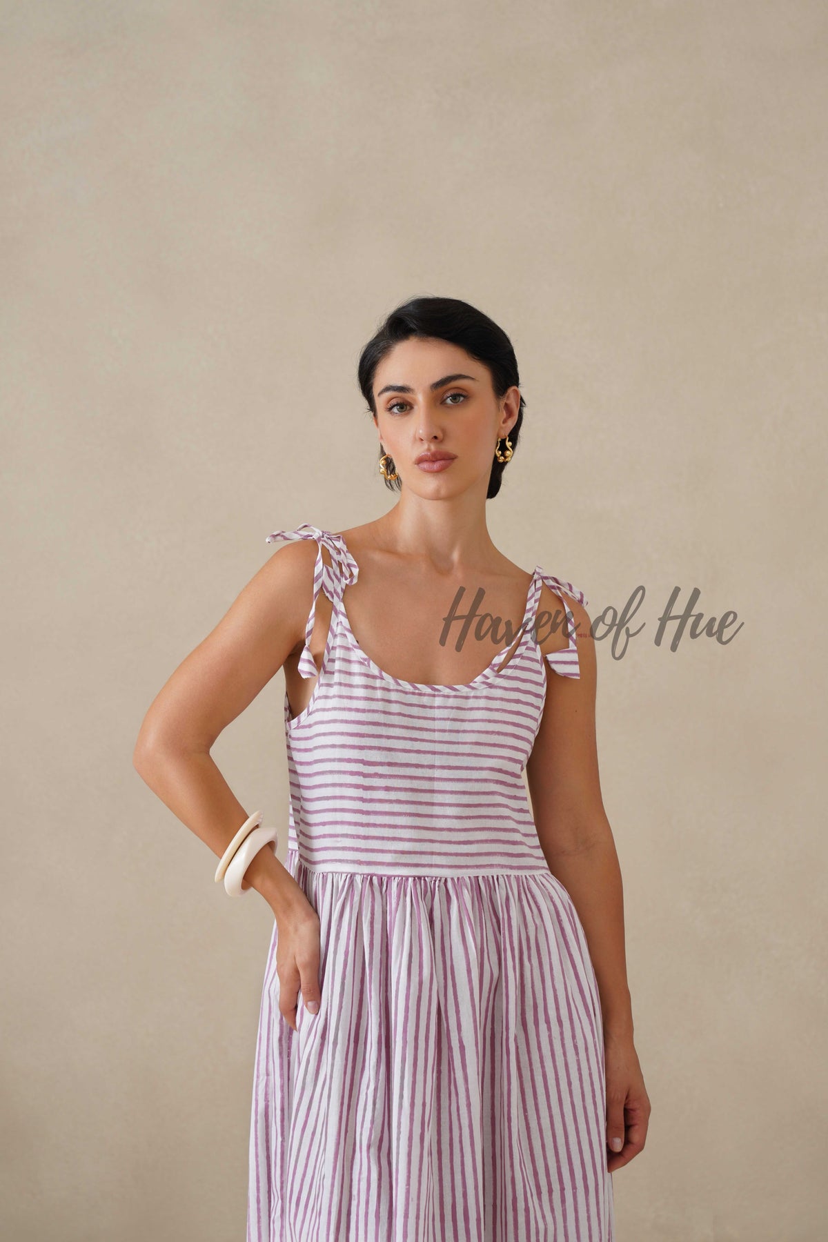 Purple Striped Cotton Dress | Tie Shoulder Summer Midi Dress