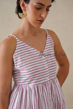 Purple Striped Cotton Dress | Sleeveless Button Down Midi Dress