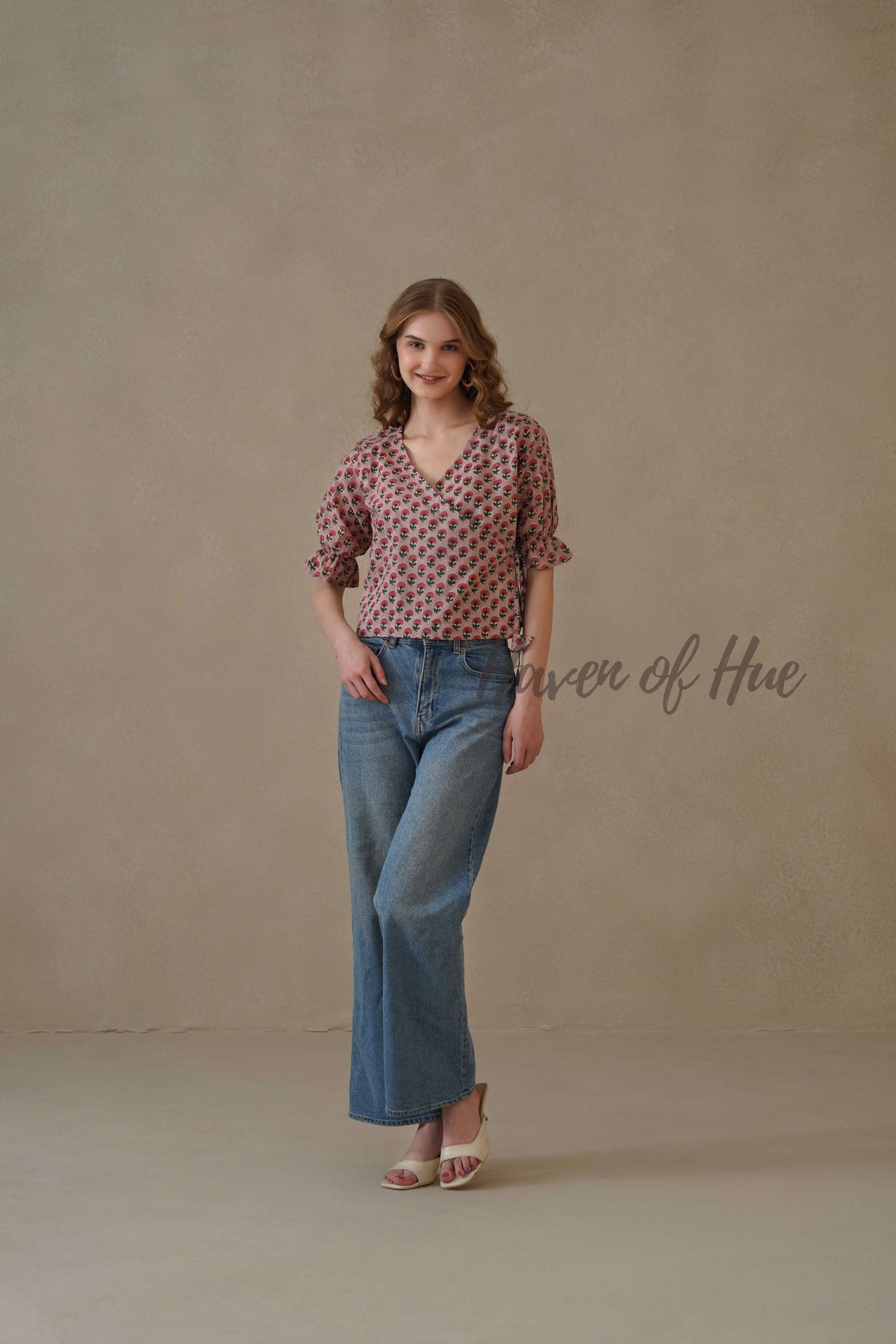 Organic Red Floral Cotton Wrap Top with Adjustable Tie Waist