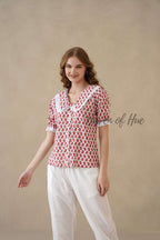 Women’s Red Floral Hand Block Printed Cotton Top with Lace Collar