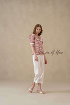 Women’s Red Floral Hand Block Printed Cotton Top with Lace Collar