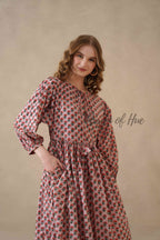 Red Floral Cotton Midi Dress with Long Sleeves