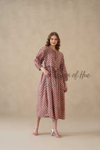 Red Floral Cotton Midi Dress with Long Sleeves