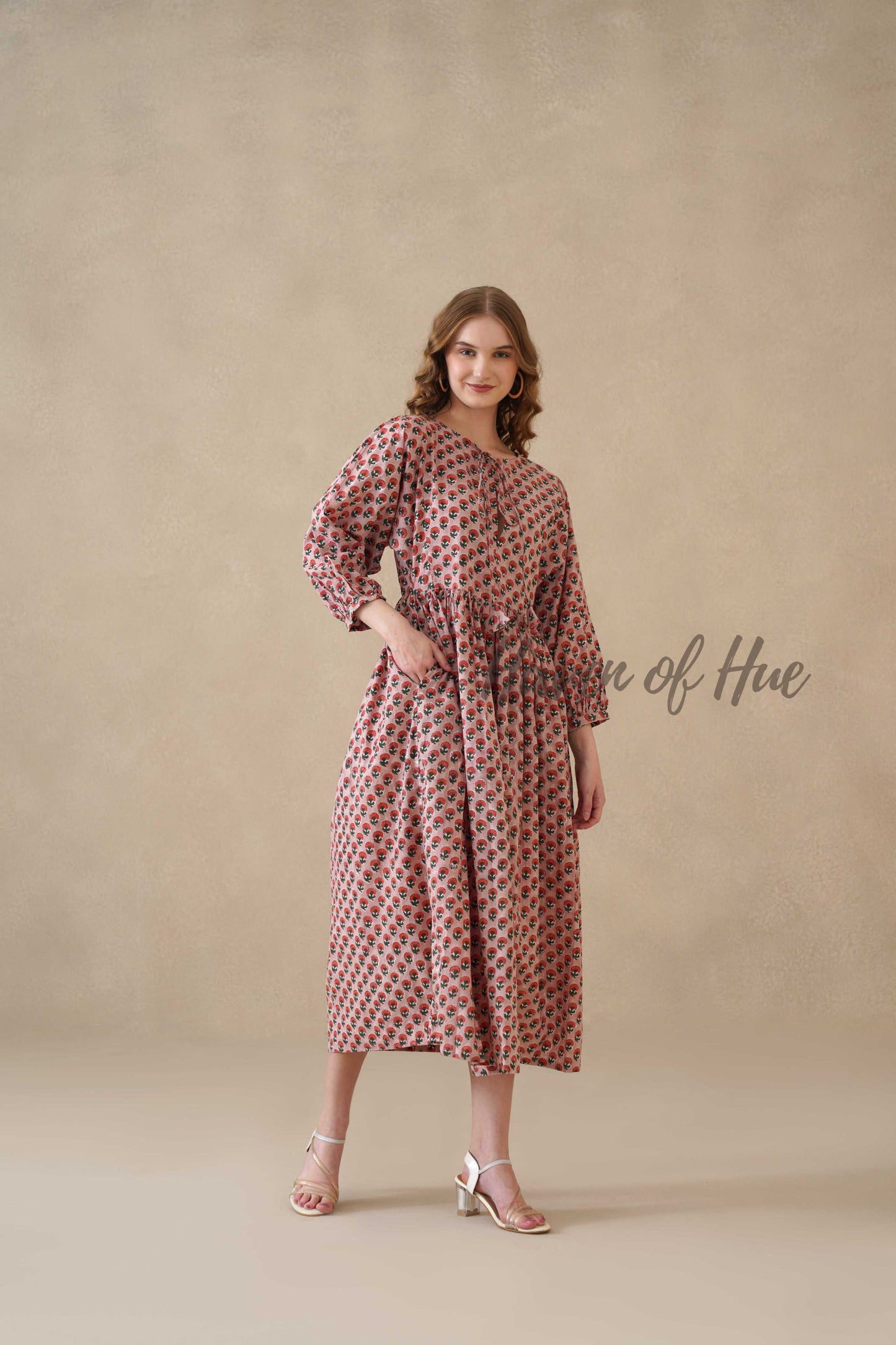 Red Floral Cotton Midi Dress with Long Sleeves