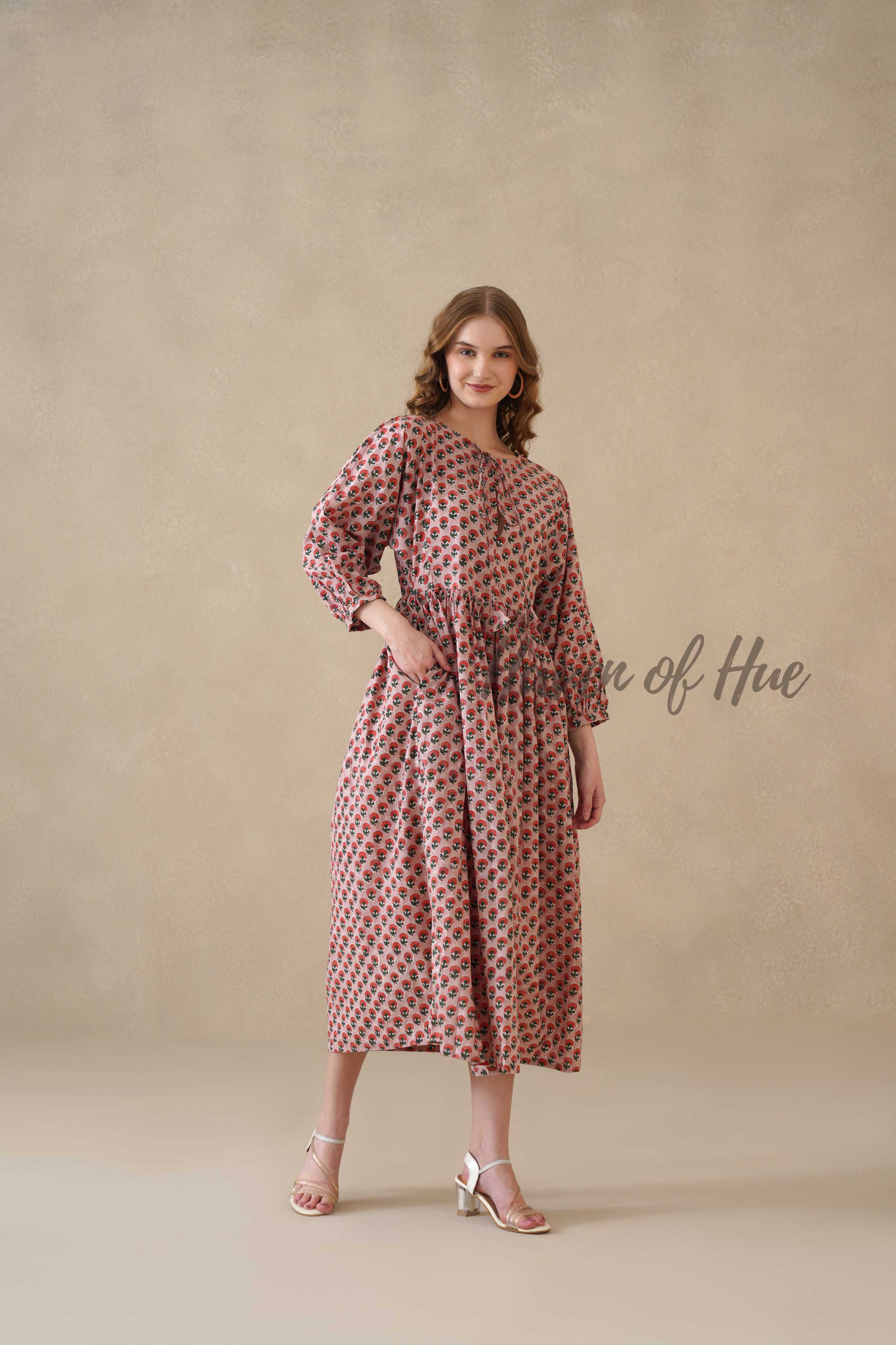 Red Floral Cotton Midi Dress with Long Sleeves