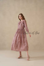 Red Floral Cotton Midi Dress with Long Sleeves