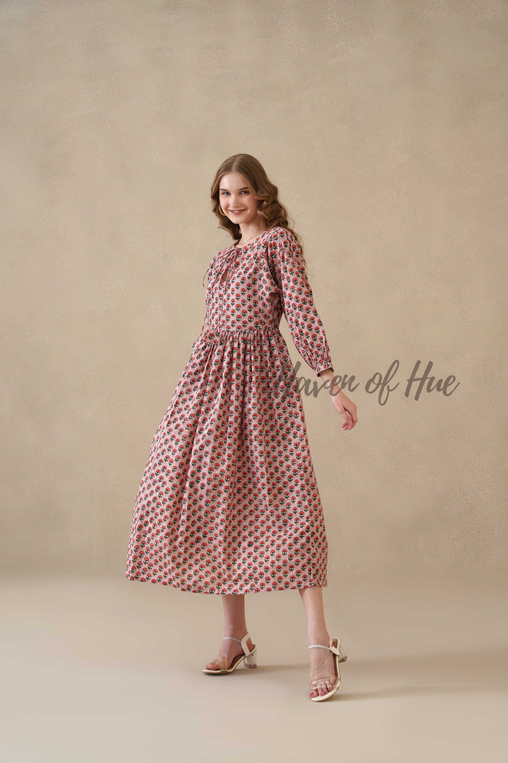 Red Floral Cotton Midi Dress with Long Sleeves