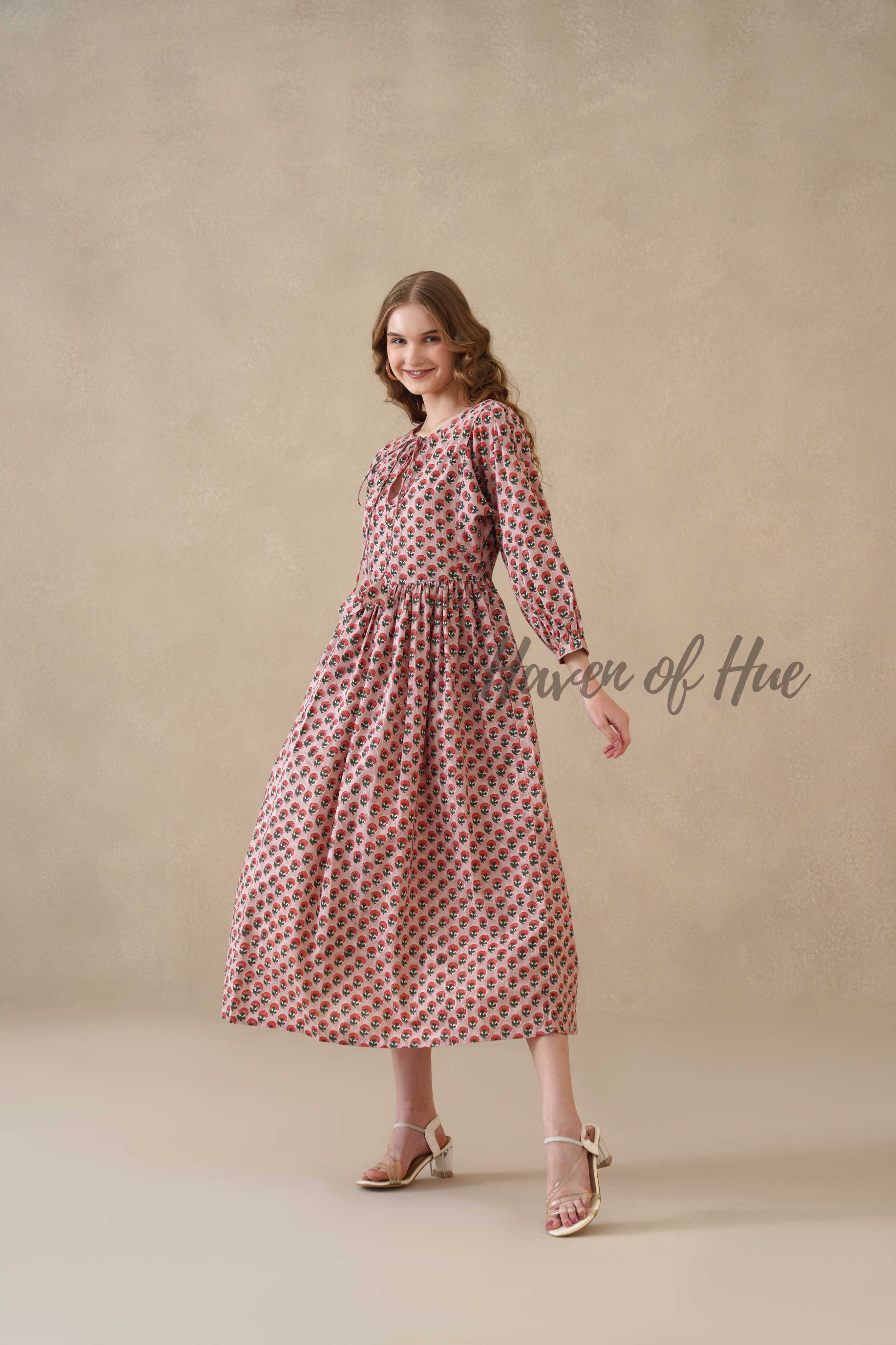 Red Floral Cotton Midi Dress with Long Sleeves