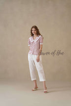 Women’s Red Floral Cotton Summer Top with Lace Peter Pan Collar