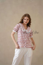 Women’s Red Floral Cotton Summer Top with Lace Peter Pan Collar