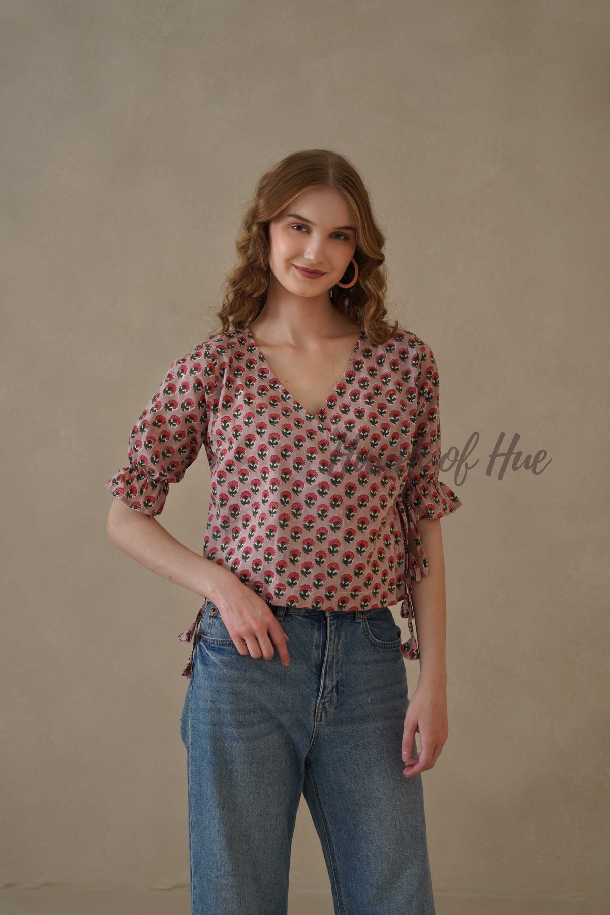 Organic Red Floral Cotton Wrap Top with Adjustable Tie Waist