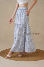 Women’s Blue Diamond Print Cotton Boho Tiered Maxi Skirt for Summer