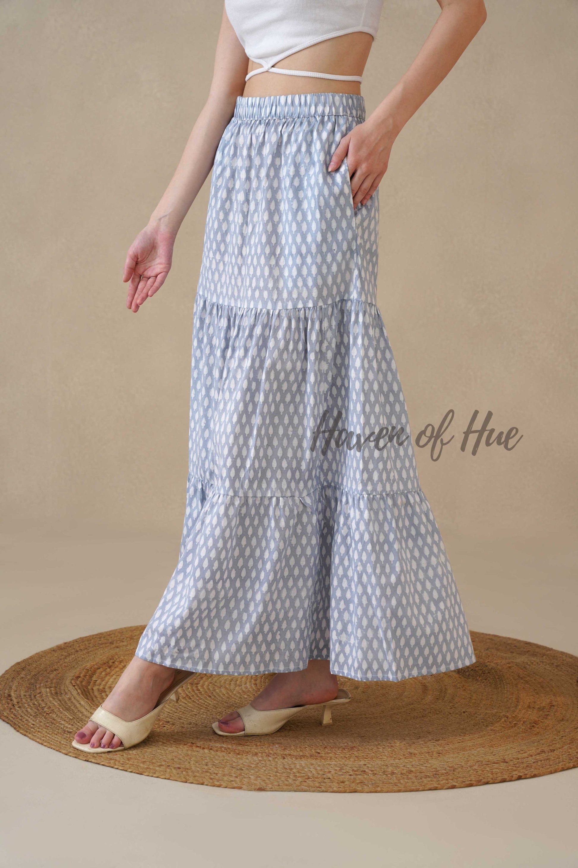 Women’s Blue Diamond Print Cotton Boho Tiered Maxi Skirt for Summer